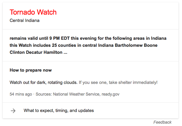 Tornado watch google alert for Indiana