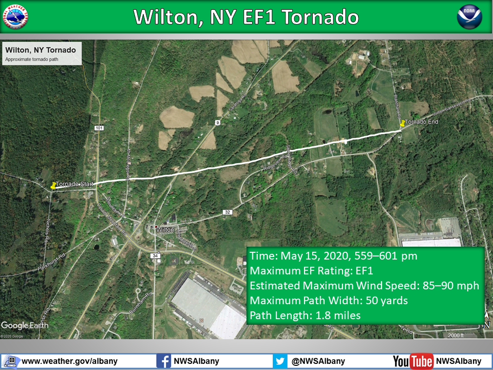 EF1 Tornado Map in Wilton, NY on May 15, 2020
