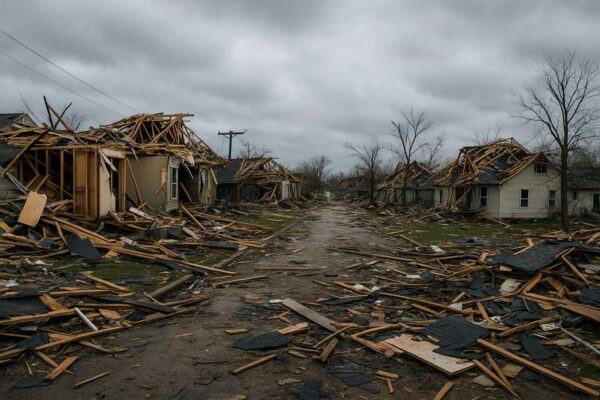 Residential neighborhood hit by tornado. Keep your family safe with US Safe Room.